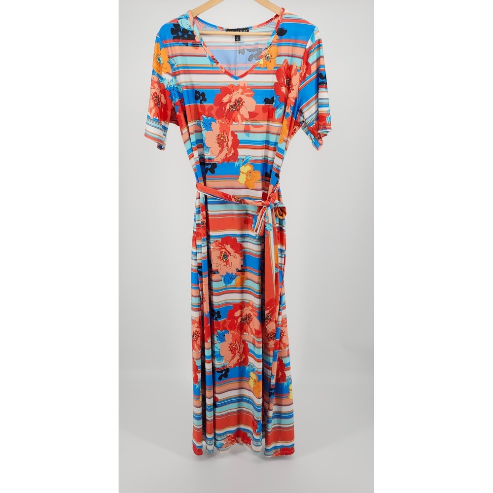 Madison Leigh Womens 2X Floral Stripe Maxi Dress V-Neck Belted Short Sleeve Blue